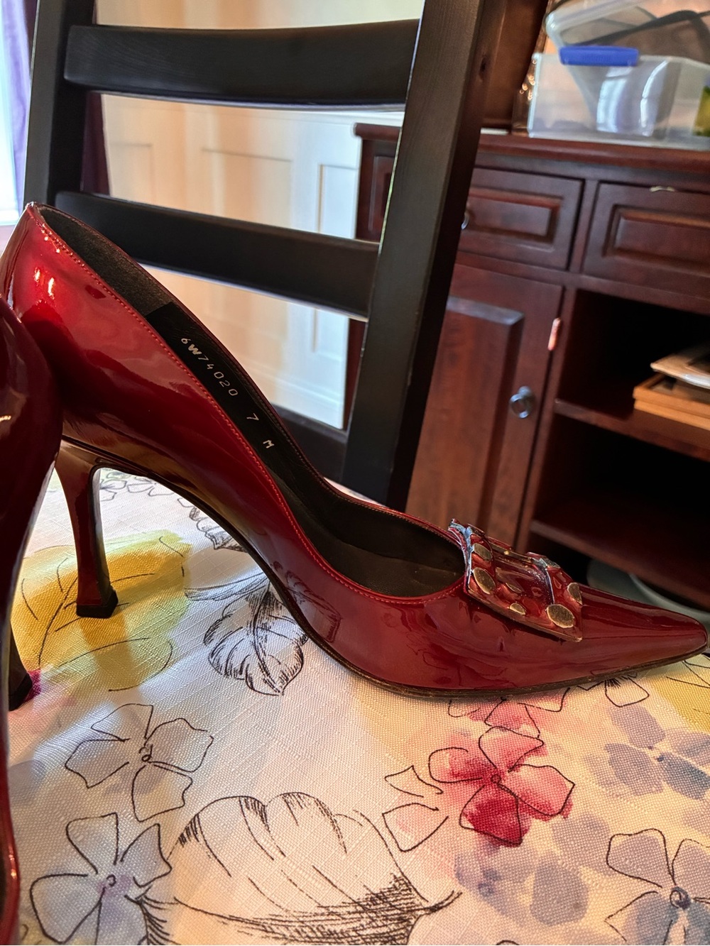 Stuart Weitzman Burgundy Patent Leather Pointed-Toe Pumps with Buckle Detail - Picture 10 of 10
